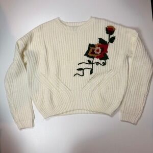Woven Heart Womens Cream Floral Embroidered Ribbed Knit Pullover Sweater Large